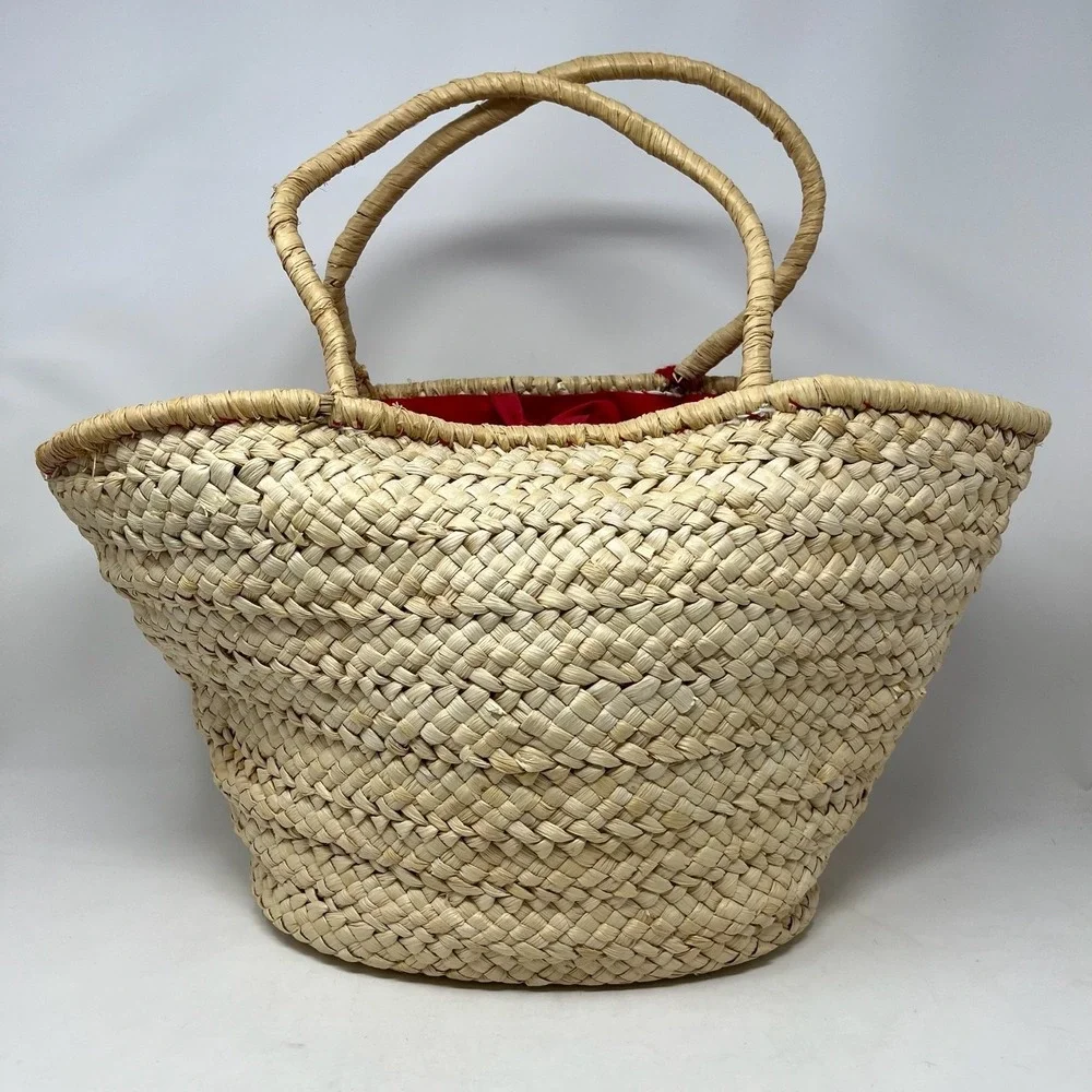 Straw Tote Bag Womens Large Raffia Hello Embroidery Pom Pom Tassel Beach Resort‎